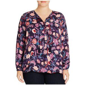 Lucky Brand Boho Peasant Blouse Blue Floral Print With Tassel Tie